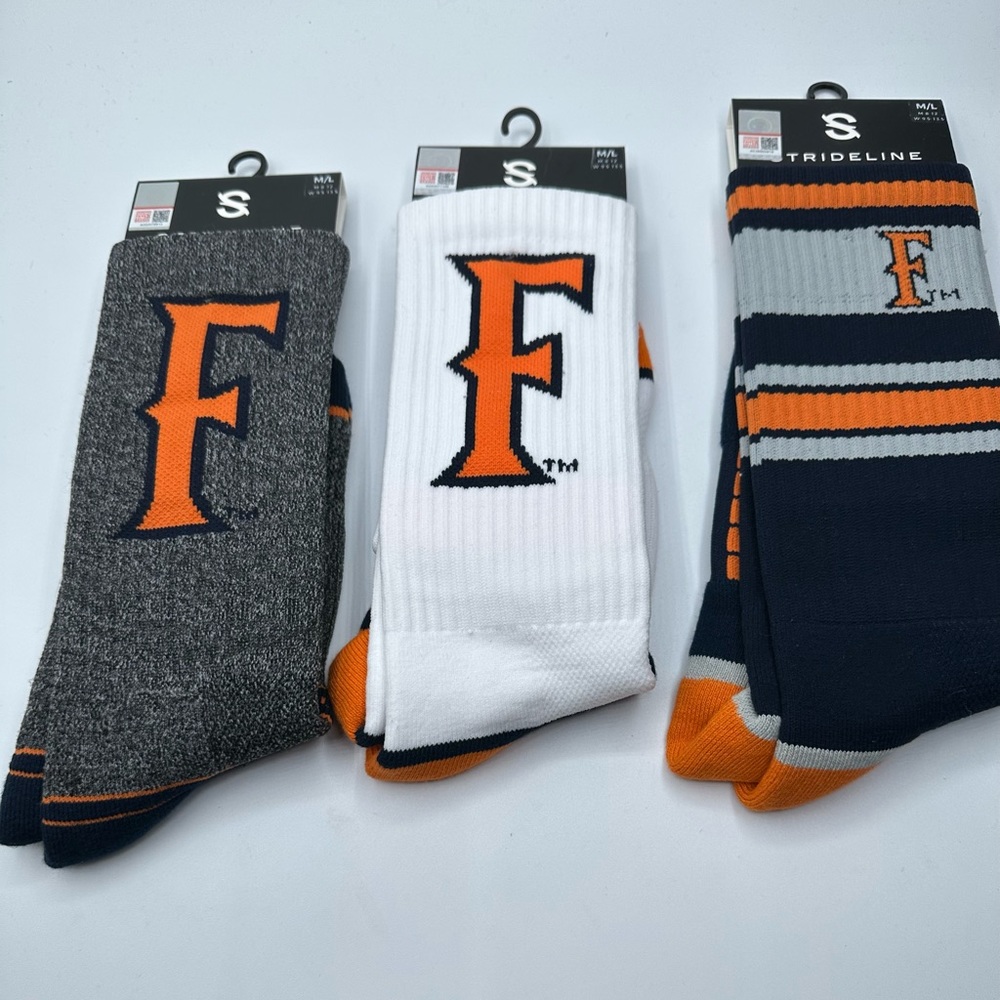 3 PAIRS Calstate Fullerton Strideline Premium Crew Socks Full Knit MEDIUM/LRGE